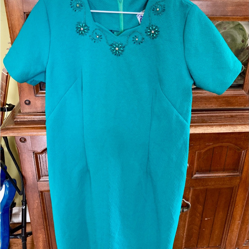 Vintage Bluebelle Teal Midi Dress with Floral Stone Accents